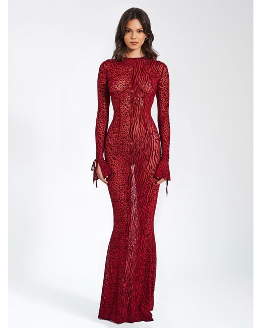 Miss Circle New York Red Waylynn Burnout Velvet Detail Mesh Backless Maxi Dress