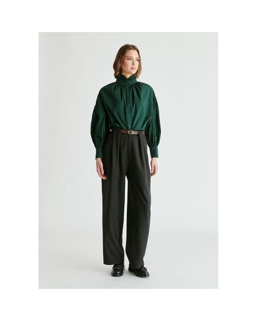 Paisie Green Puff Sleeve Shirt With Ruffled Collar