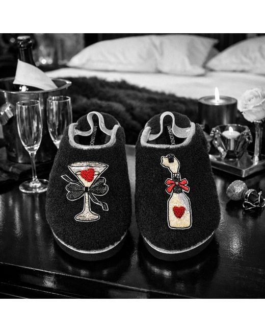 Laines London Black Flatform Cloud Slippers With Popping Champagne Brooches