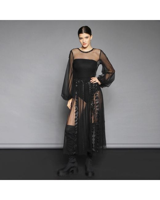 Silvia Serban Black Textured Tulle Fit-And-Flare Dress With Volumetric Appliqués