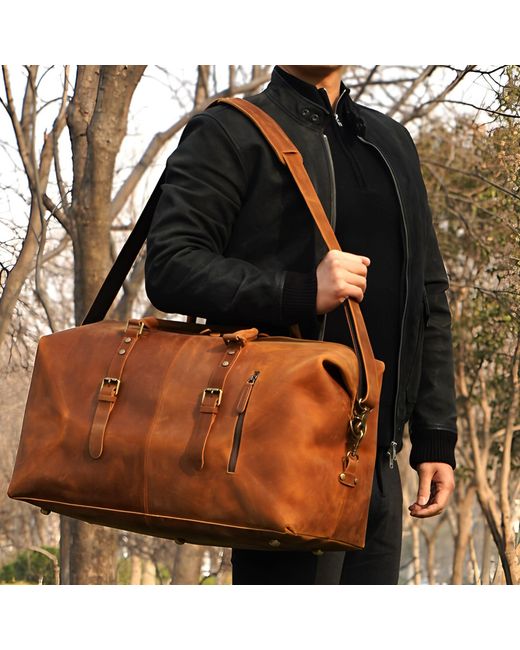 Touri Orange Zip Detail Genuine Leather Holdall for men