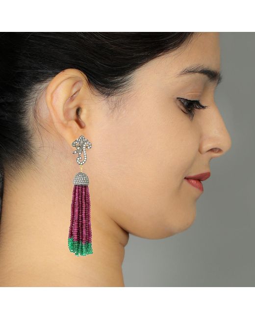 Artisan Red 18k Sterling Silver In Pave Diamond & Emerald With Ruby Beaded Tassel Earrings