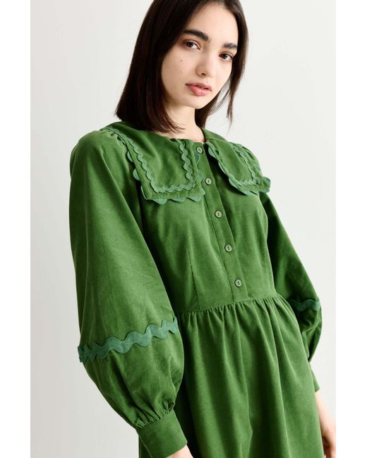 Louche Green Prudence Babycord Big Collar Ric Rac Trim Midi Dress