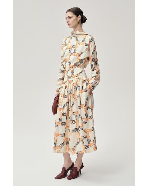 FRONT ROW SHOP Natural Printed Trompe-L'Ceil Dress Multi