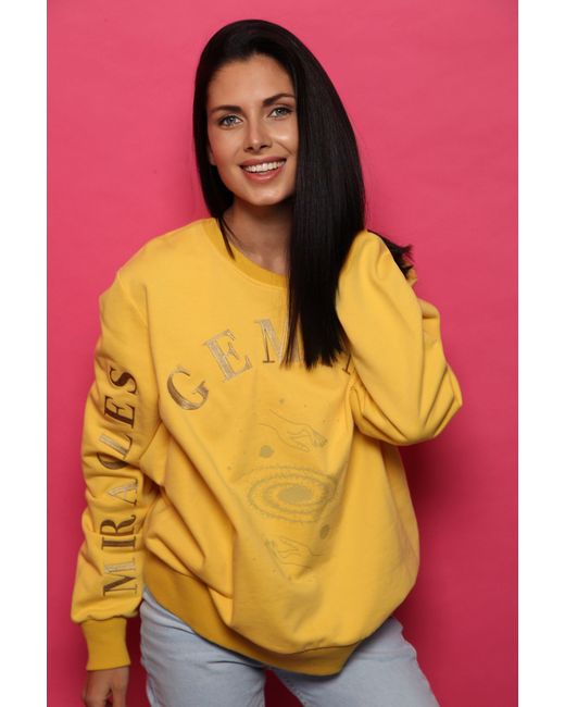 Miracles Manifester Yellow Oversized Embroidered Gemini Sign Sweatshirt