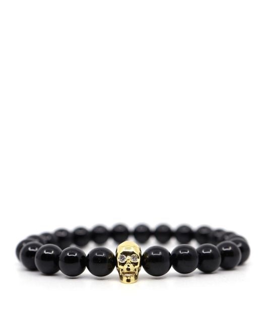 Shar Oke Black Tourmaline, Gold Stainless Steel Skull & Cubic Zirconia Beaded Bracelet for men