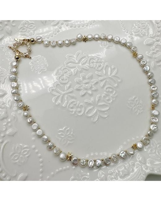 Farra Metallic Flower Petals Freshwater Pearls Necklace