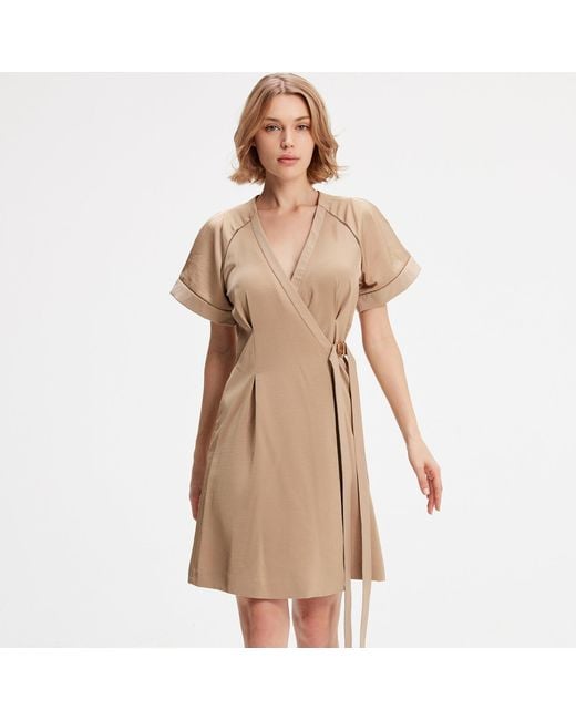 Smart and Joy Natural Neutrals Short Minimalist Wrap Dress