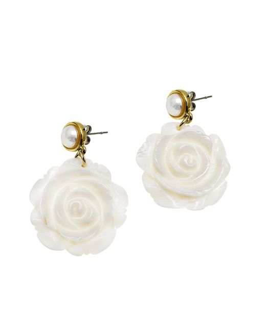 Farra White Rose Flower Shaped Shell Dangle Statement Earrings
