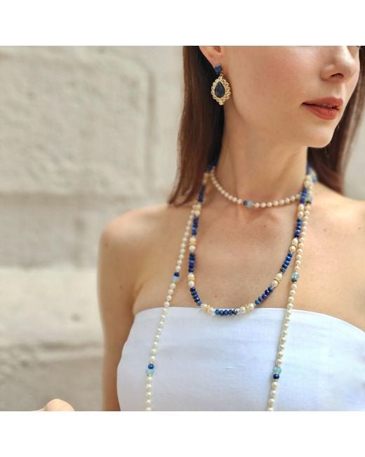 Farra Blue Lapis With Freshwater Pearls Matinee Length Necklace