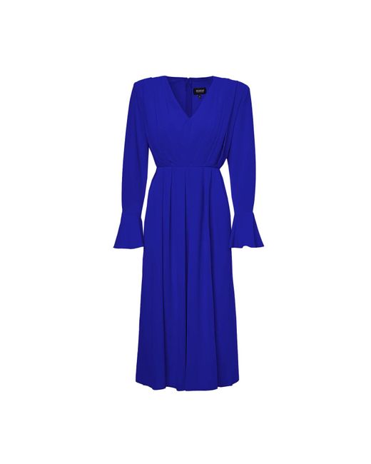 BLUZAT Blue Electric Midi Dress With Pleats And Proeminent Shoulders