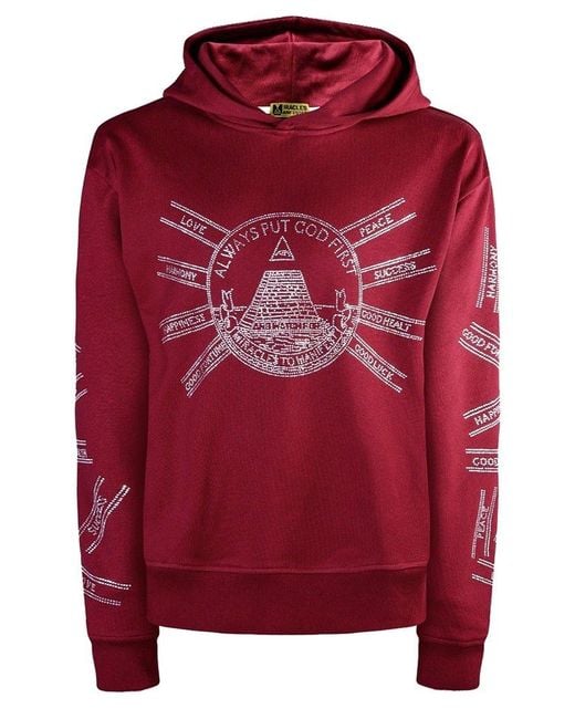 Miracles Manifester Red God First Affirmation Hoodie With Rhinestone Design