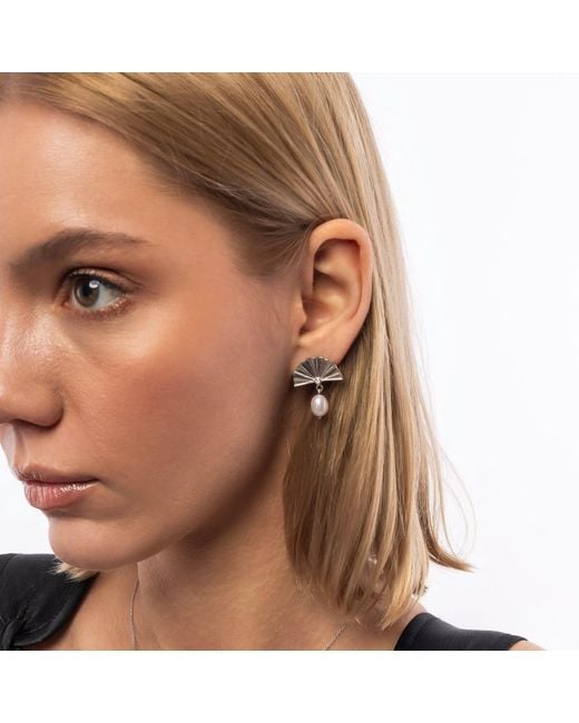 Spero London Metallic Fine Diamond Sterling Pearl Drop Fan Earrings