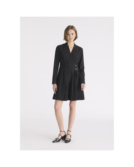 Paisie Black Tailored Blazer Dress With Pleated Skirt