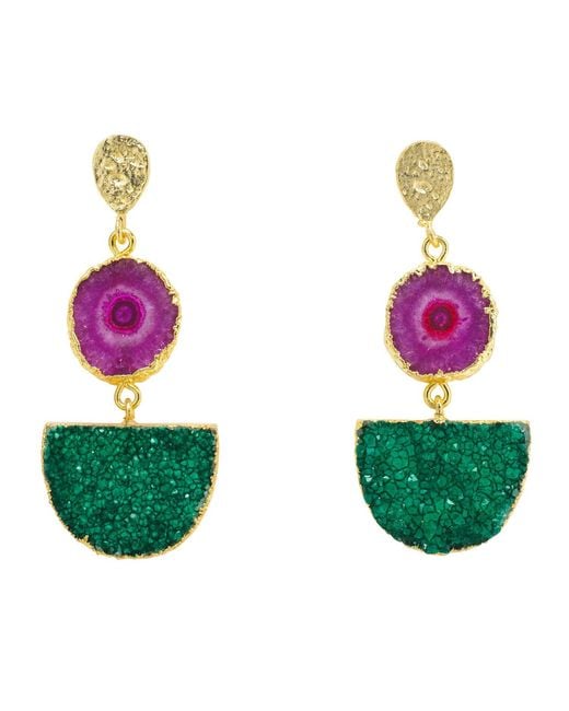 YAA YAA LONDON Multicolor Purple Green Gemstone Gold Statement Earrings