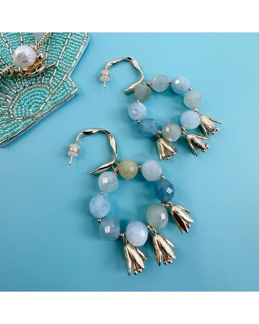 Farra Metallic Bohemia Style Aquamarine With Flower Charms Earrings