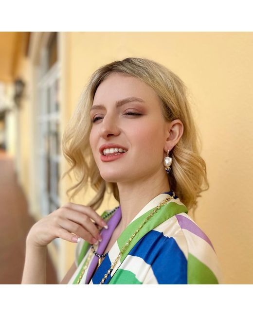 Farra White Baroque Pearls With Lapis Earrings