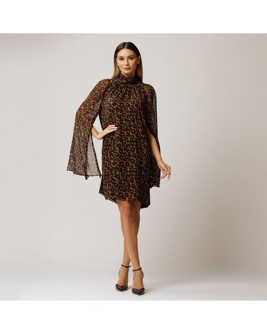 concept A trois Brown Leopard Midi Dress With Wide Sleeves
