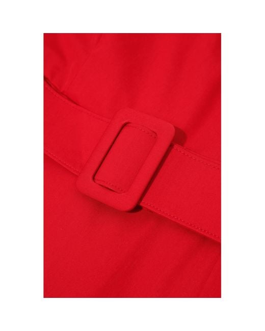Femponiq Red Wide Lapel Asymmetric Belted Midi Cotton Dress