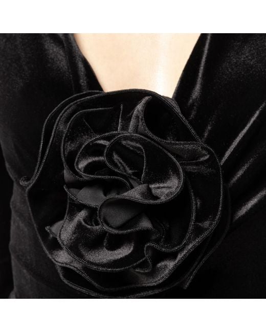 Nissa Black Floral-Detailing Velvet Dress