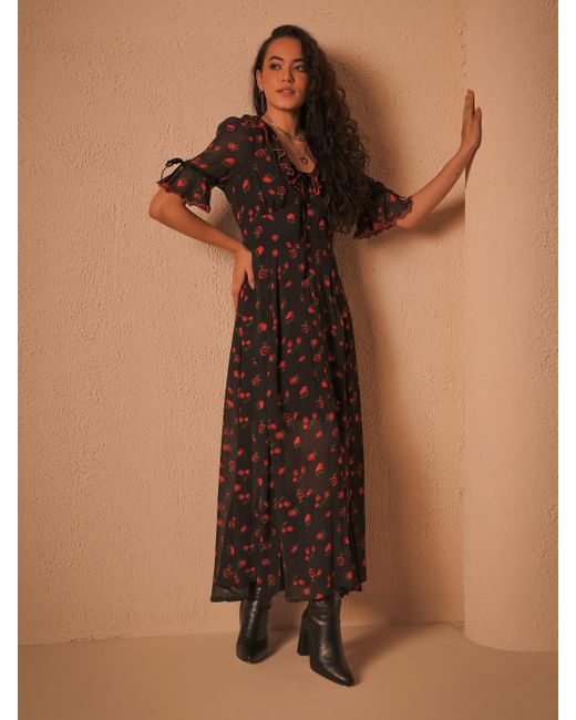 Rose & Nancy Red Toni Rose Print Velvet Tie Maxi Dress