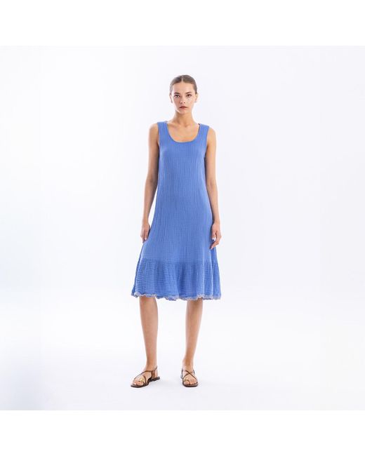 Haris Cotton Blue Sleeveless Maxi Textured Cotton Dress With Lace Trim Hem Regatta