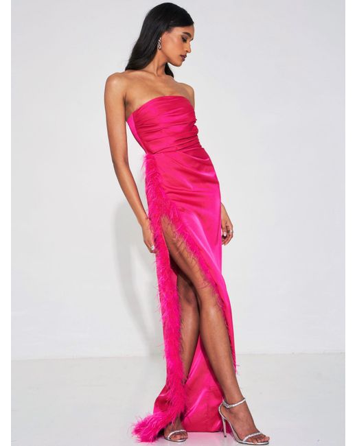 Miss Circle New York Pink Perrin Fuchsia Feather Dress High Slit Gown