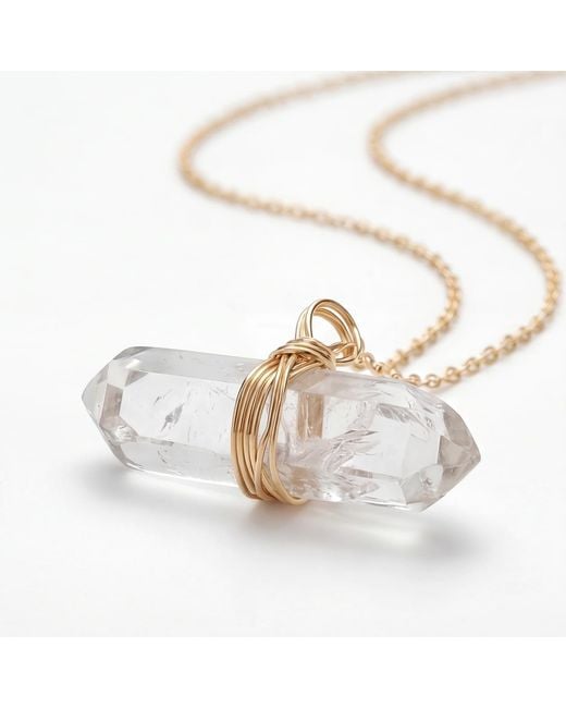 Ormiro Metallic Axis Mundi Clear Crystal Quartz Point Pendant Necklace