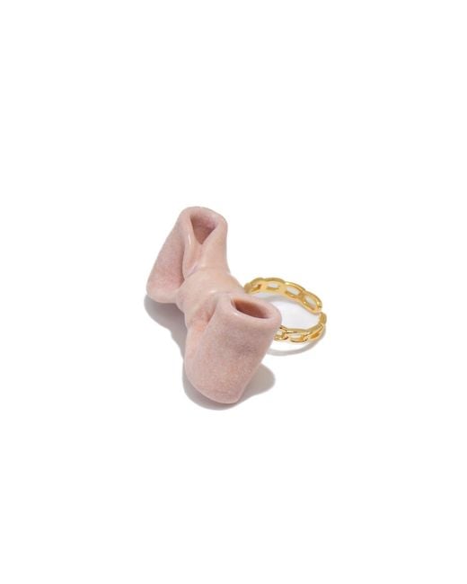 H2 Studio Pink Bowtie Maniac Large Ceramic Bowtie Plated Brass Ring Rose Rock