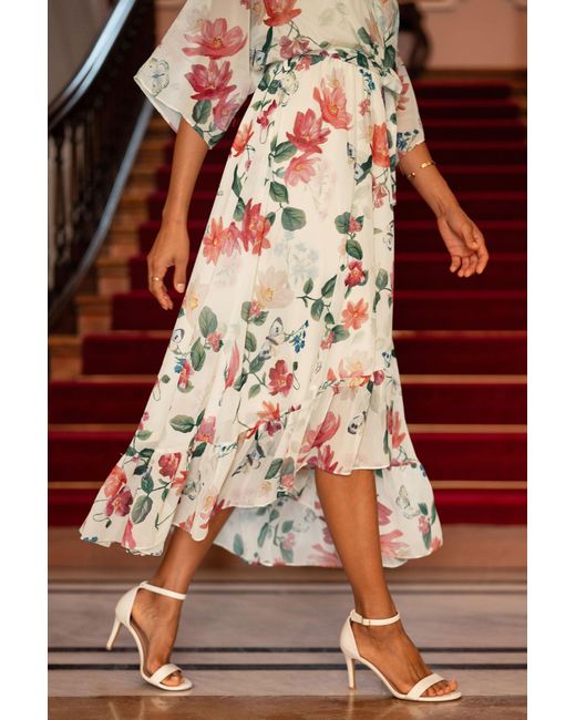 Yumi' White Neutrals Ivory Floral Print Wrap Midi Dress With Dipped Hem