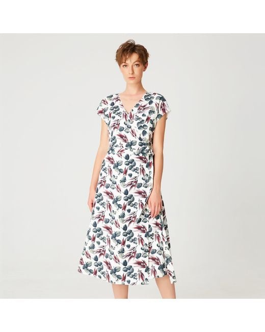 Smart and Joy White Wrap Leaves Print Dress