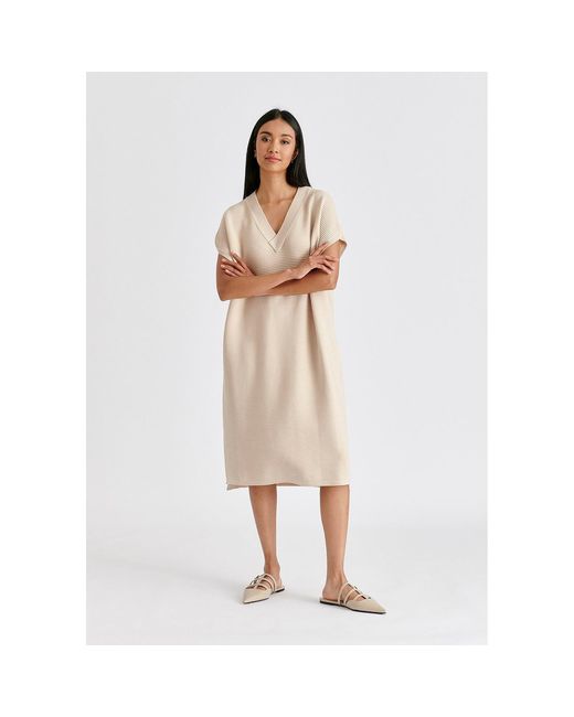 Paisie Natural Neutrals V-Neck Sleeveless Ribbed Jumper Dress