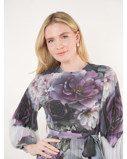 John Abgin Blue Placement Floral Pleated Midi Dress