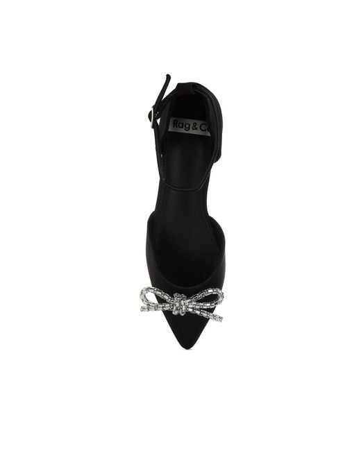 Rag & Co Black Simina Rhinestone Detail Bow Flat Sandals