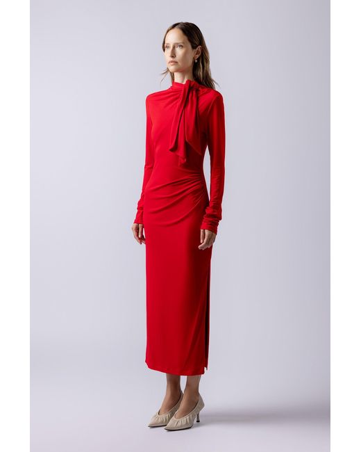 Lendrop Studios Red Yuna Tie Neck Midi Dress