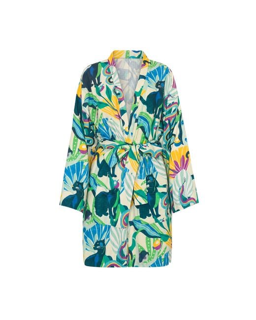 Tiger and the Monkey Blue The Jade Lightweight Cotton Gauze Printed Robe