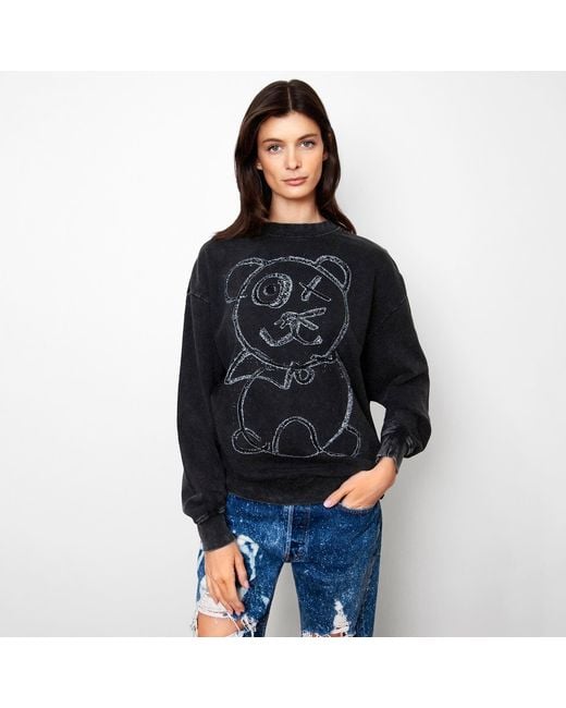 X Ilona Blue Blue Graffiti Teddy Bear Vintage Washed Cotton Midnight Crewneck
