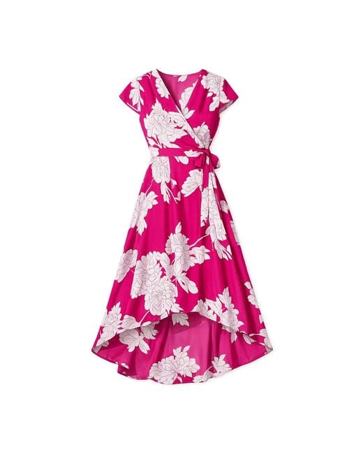 Yumi' Pink Blossom Print Wrap Dress With Dipped Hem