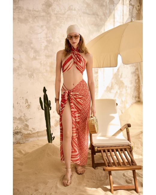 Lilamie Red Aruba Chiffon Side Tie Summer Pareo Skirt