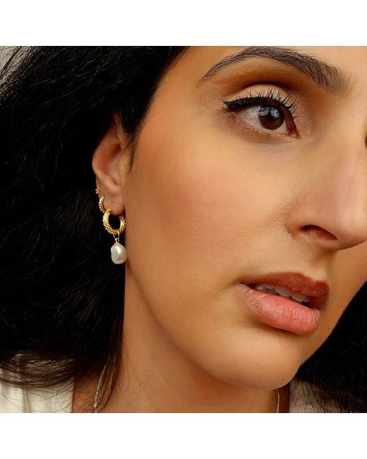 Harfi Metallic Elegant Plated Basket Weave Hoop Earrings With Freshwater Pearl Charm