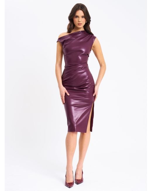 Miss Circle New York Purple Sabina Leather Slash Neck Midi Dress