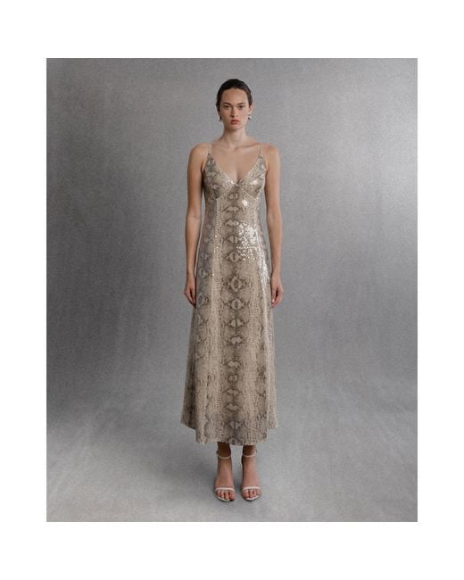 Aisl Natural Snakeskin Sequin Slip Dress