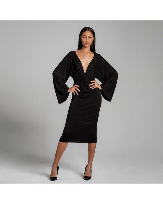 Imaatu Black Eclipse Knot Front Extremely Deep V-Neck Sculpting Elastic Viscose Midi Dress Long Kimono Sleeves