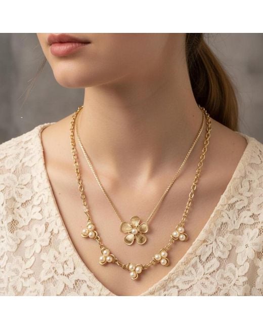 Caramel Vintage Jewellery Metallic Floral Pearl Layered Chain Necklace