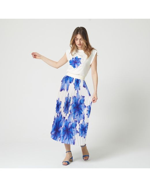 Lalipop Design Blue Floral-Print Elasticated-Waist Pleated Recycled Fabric Maxi Skirt