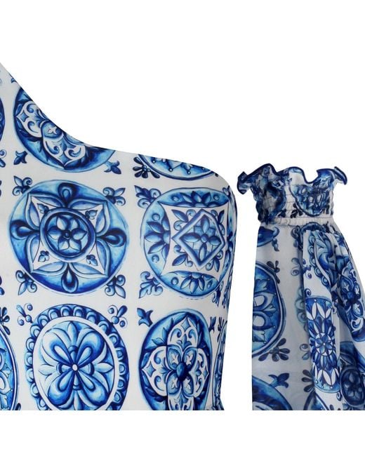 Nur Karaata Blue Soleil Bleu Blanc One-Shoulder Swimsuit
