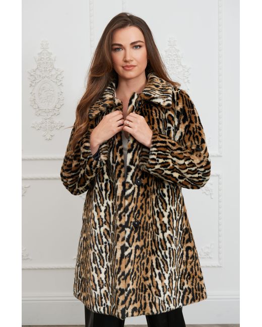ISSY LONDON Brown Neutrals Adele Leopard Faux Fur Coat