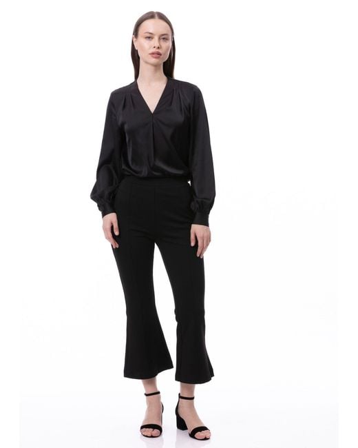Carloslines Blue V-Neck Pleat Detail Balloon Long Sleeve Blouse