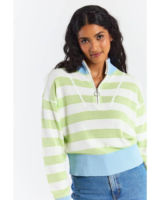Brodie Cashmere Green Mesh Stripe Half Zip