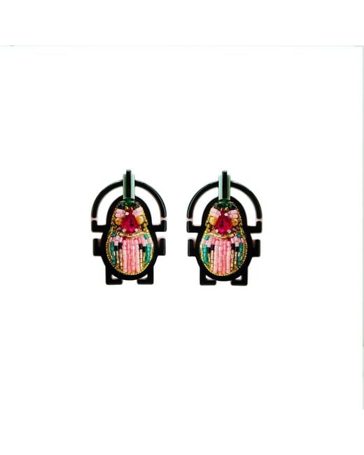 Gissa Bicalho Black Handmade Acrylic Earring Scarab Embroidered Candy